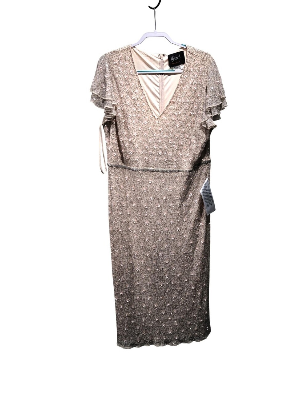 Mac Duggal Dress Womens 16 Beige Beaded Sequin Floral V Neck Flutter Sleeve Midi